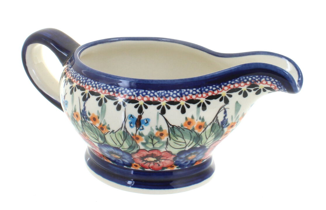 Blue Rose Polish Pottery Mosaic Flower Gravy Boat