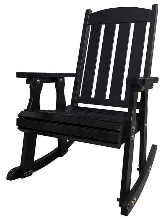 Wooden Rocking Chair with Comfortable Backrest Inclination, High Backrest and Deep Contoured Seat, Solid Fir Wood, Heavy Duty 600 LBS, for Both Outdoor and Indoor, Backyard, Porch and Patio Black