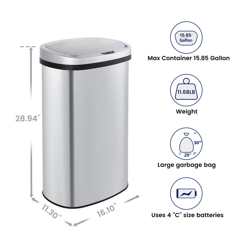 15.85 Gal./60 Liter Stainless Steel Oval Motion Sensor Trash Can for Kitchen,Living Room,Bedroom,Laundry Room