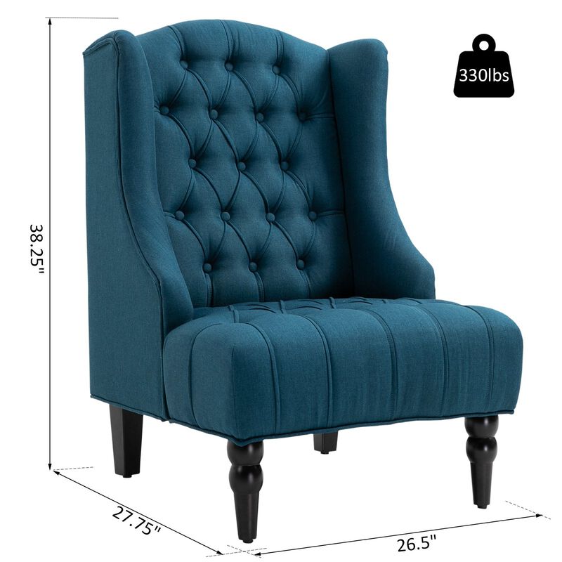 Linen Fabric Button Tufted Wingback Accent Chair with Thick Padded Cushioned Seats and Wooden Legs for Living Room and Bedroom, Dark Blue
