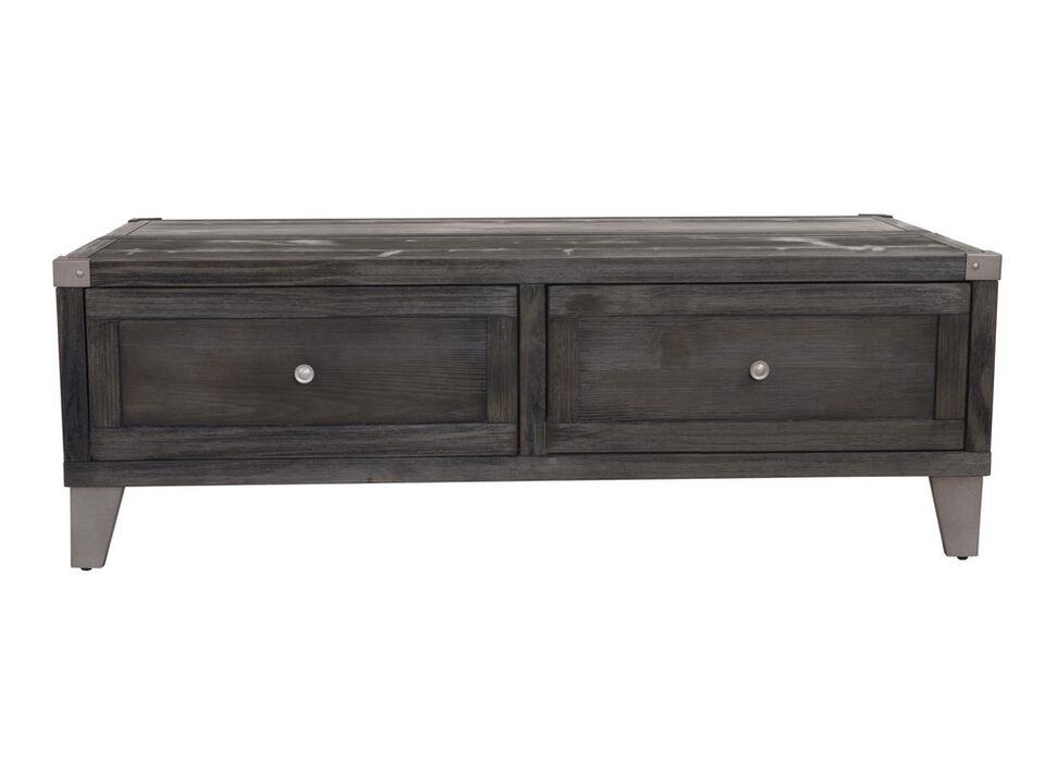 Wooden Lift Top Cocktail Table with 2 Drawers and Metal Accents, Gray-Benzara
