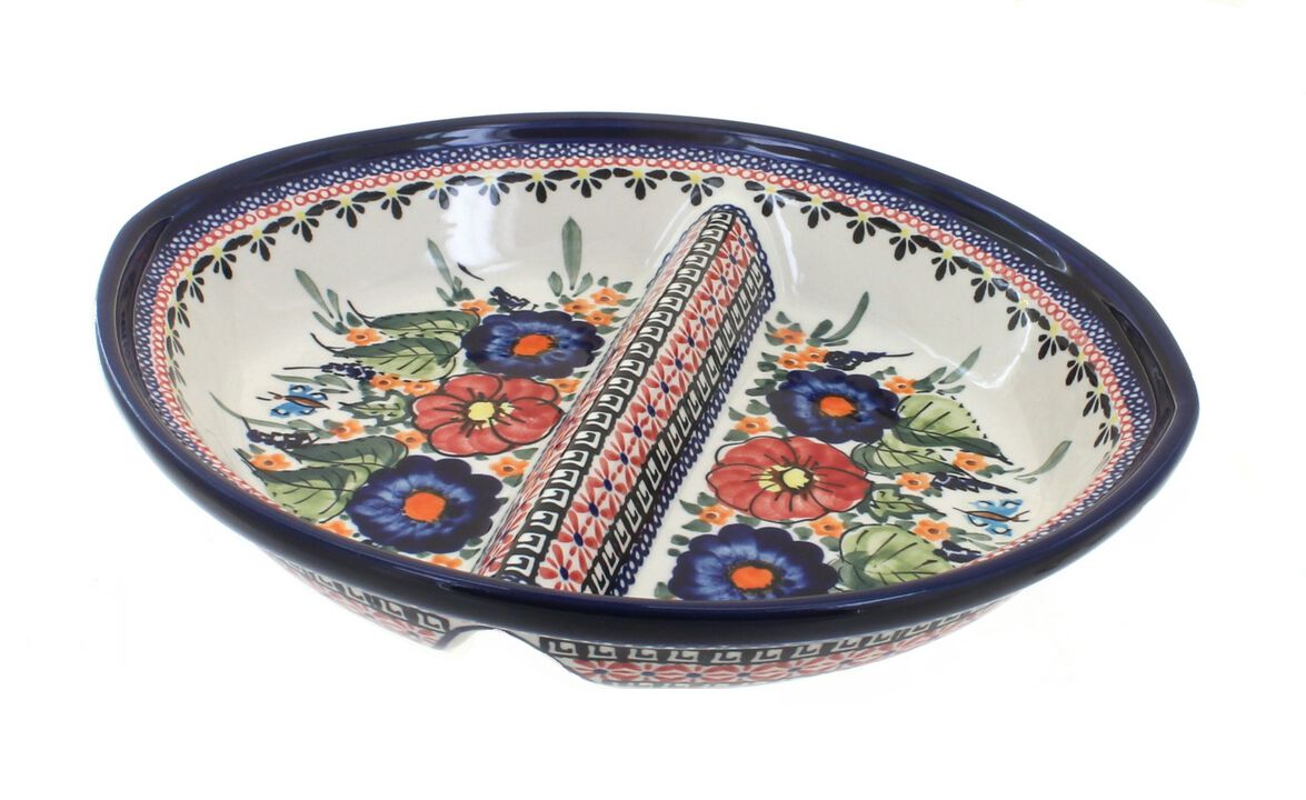 Blue Rose Polish Pottery Flowering Peacock Large Divided Dish