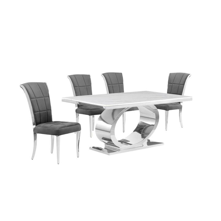 5pc Small(48") marble top dining set with silver base and 4 Dark grey chairs