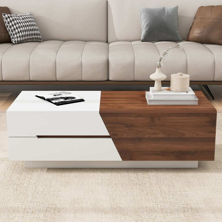 Modern Extendable Sliding Top Coffee Table With Storage In White & Walnut