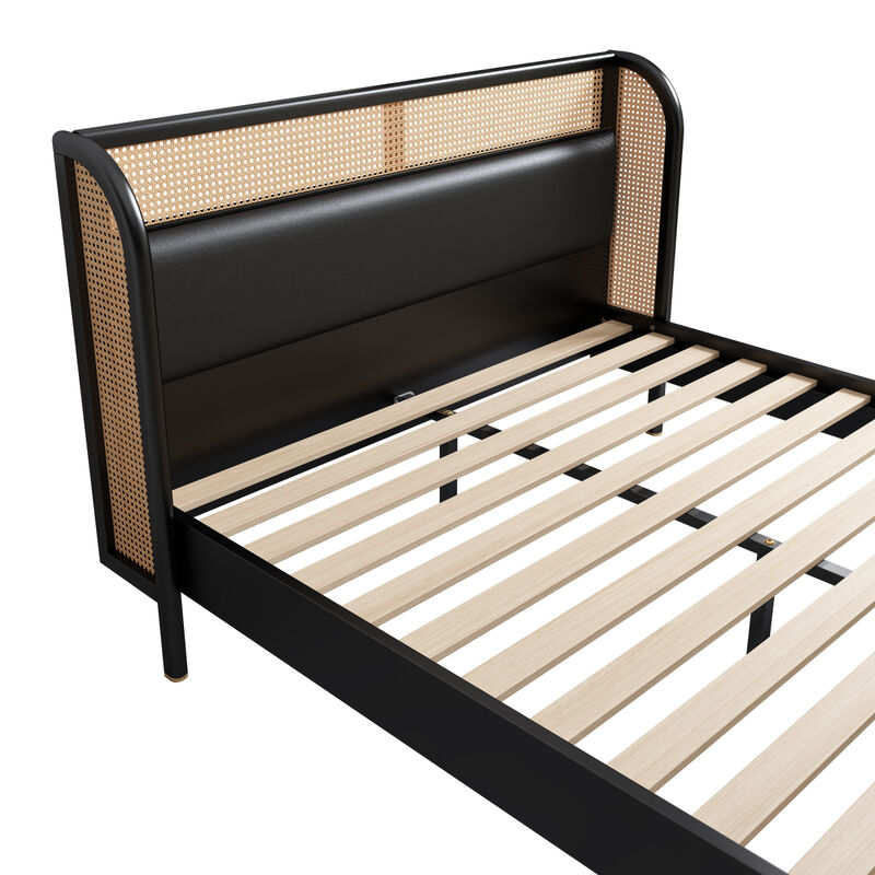 Modern Rattan Wood Platform Queen Bed