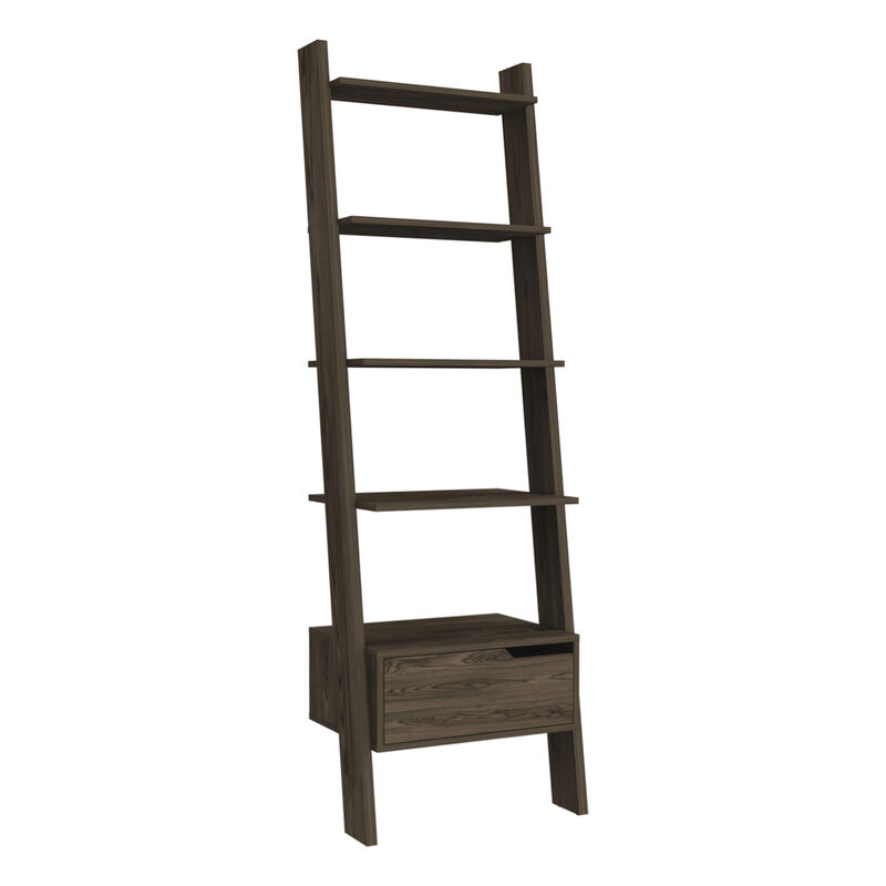 Oslo Ladder Bookcase, Four Legs, One Drawer, Five Open Shelves -Dark Walnut