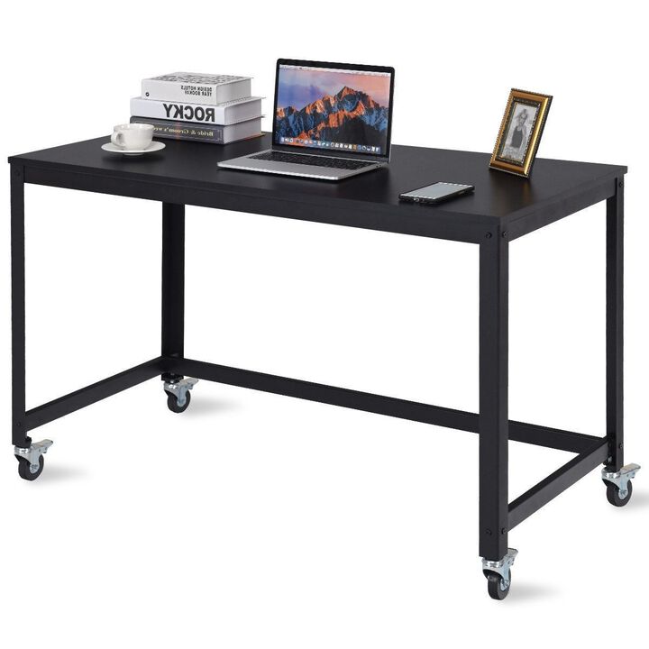 Hivvago Mobile Steel Frame Laptop Computer Desk with Black Wood Top and Locking Casters