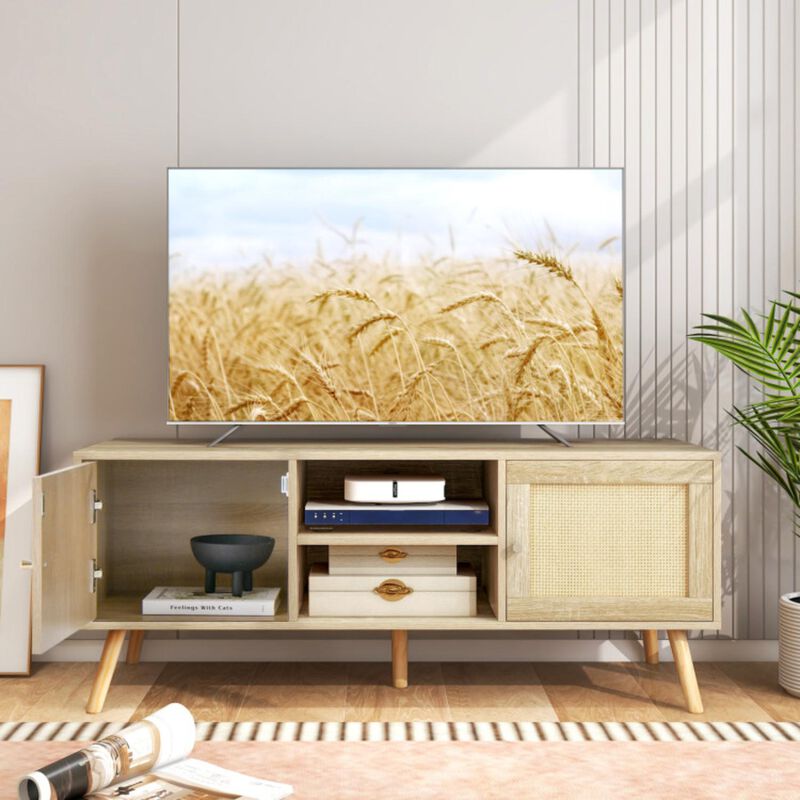 Hivvago PE Rattan Media Console Table with 2 Cabinets and Open Shelves