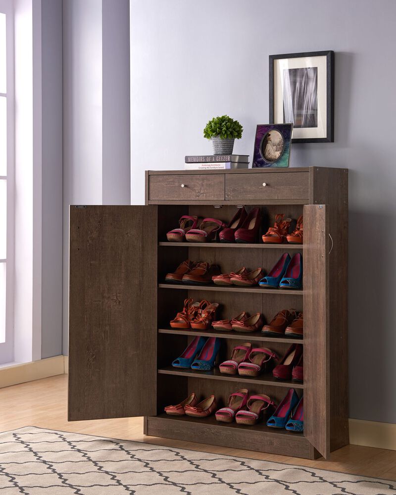 Walnut Oak Shoe Cabinet with 2 Top Drawers Organizer with Spacious Top