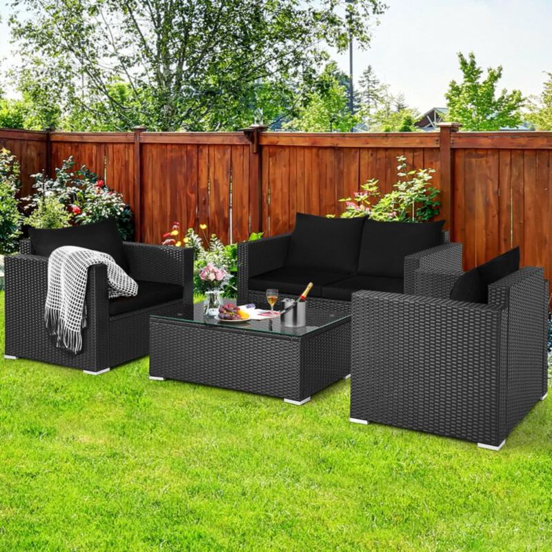 Hivvago 4 Pieces Patio Rattan Conversation Set with Padded Cushions