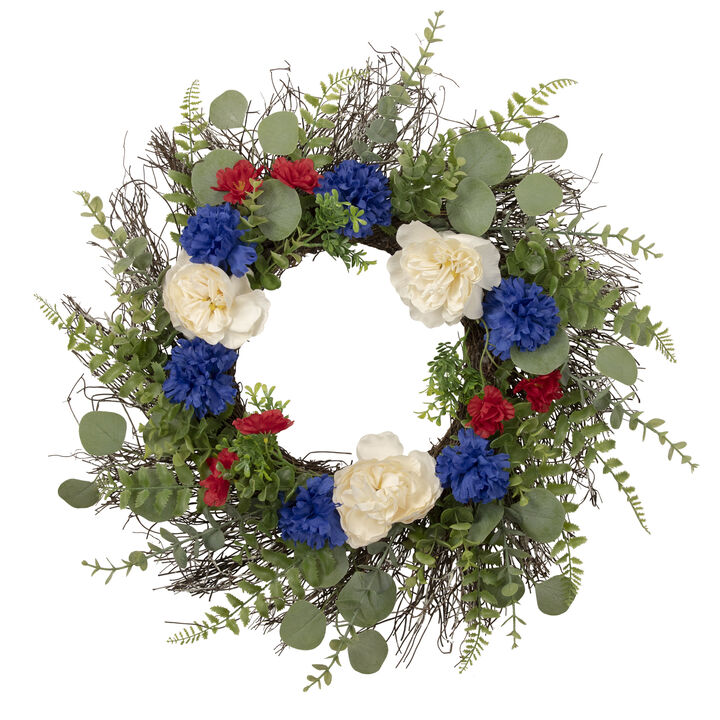 Americana Mixed Foliage and Florals Patriotic Wreath  24-Inch  Unlit