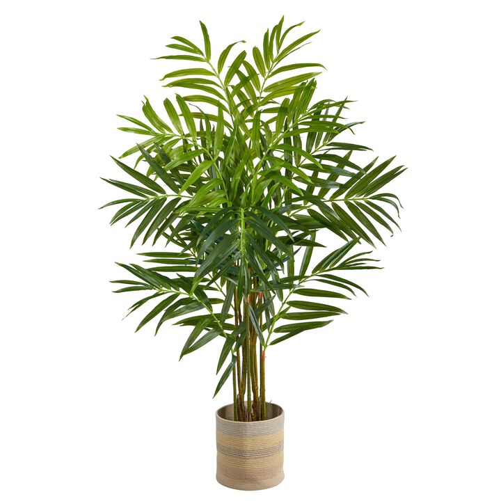 Nearly Natural 8-ft King Palm Tree in Natural Cotton Multicolored Planter