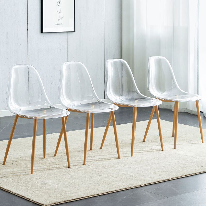 Modern simple transparent dining chair plastic chair armless crystal chair Nordic creative makeup stool negotiation chair Set of 4 and wood color metal leg, TW1200