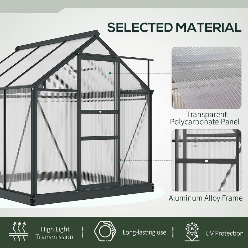 Outsunny 6' x 6' x 6.5' Polycarbonate Greenhouse, Heavy Duty Outdoor Aluminum Walk-in Green House Kit with Rain Gutter, Vent and Door for Backyard Garden, Gray