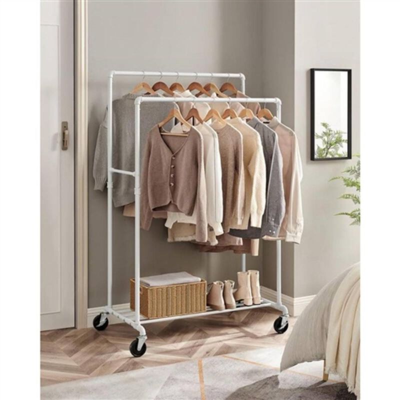 Hivvago Heavy Duty White Pipe Double Rod Garment Clothes Rack with Locking Wheels