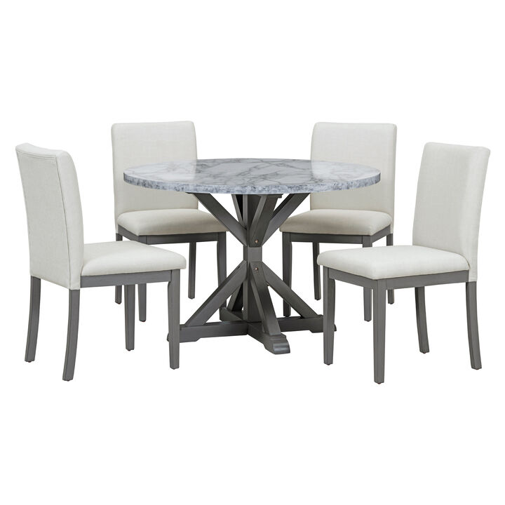 5Piece Farmhouse Style Dining Table Set, Marble Sticker and Cross Bracket Pedestal Dining Table, and 4 Upholstered Chairs (White+Gray)