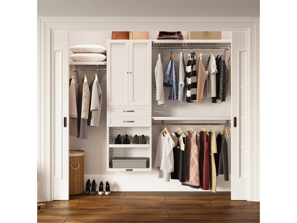 Solid Wood Walk-In Closet Organizer with 2 Shaker Style Drawers and Solid Wood Doors