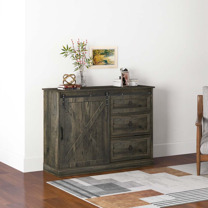 HOMCOM Farmhouse Sideboard Buffet Cabinet, Kitchen Cabinet Coffee Bar Cabinet with Sliding Barn Door and 3 Storage Drawers for Living Room, Dark Grey