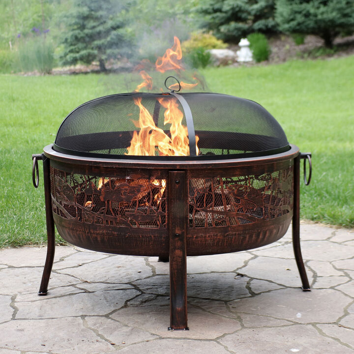 Sunnydaze 30 in Northwoods Fishing Steel Fire Pit with Spark Screen