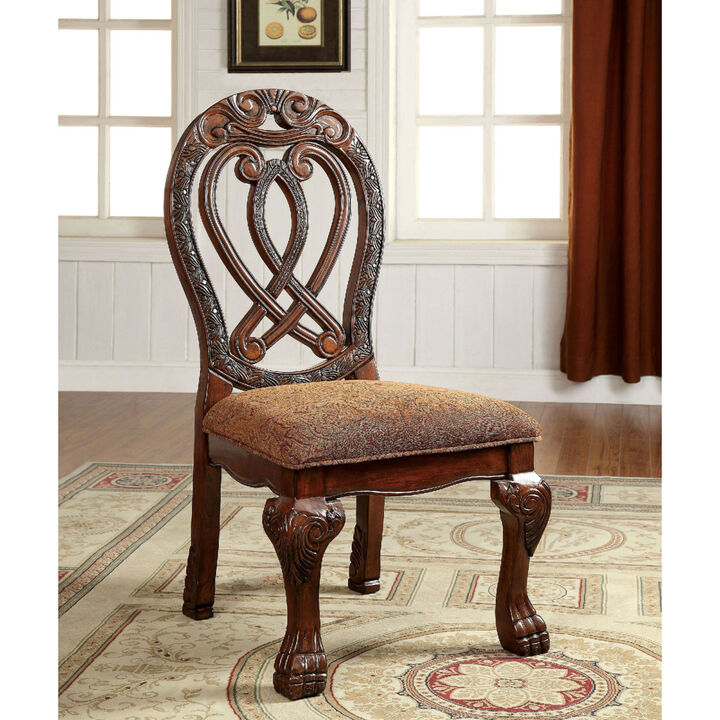 Formal Majestic Traditional Dining Chairs Cherry Solid wood Fabric Seat Intricate Carved Details Set of 2 Side Chairs