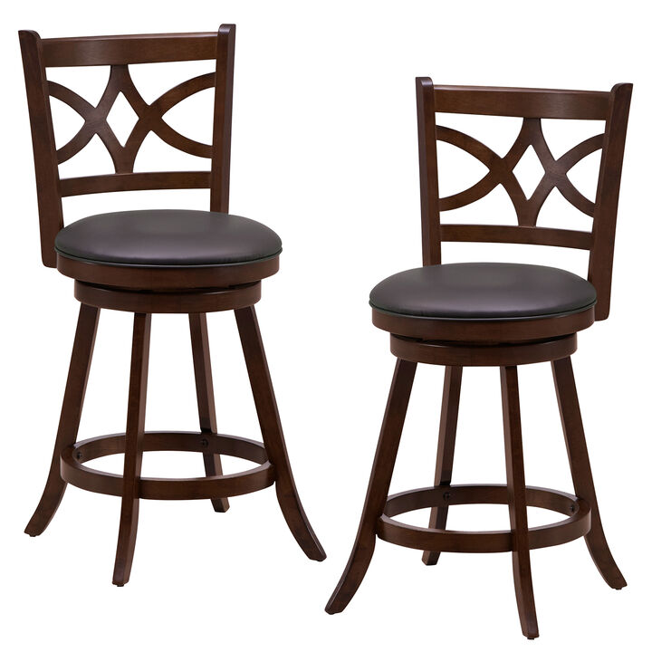 Set of 2 Bar Chairs 360° Swivel with Leather Cushioned Seat and Rubber Wood Frame