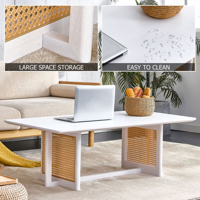 white solid wood and imitation rattan coffee table, rectangular solid wood coffee low table, small living room coffee table