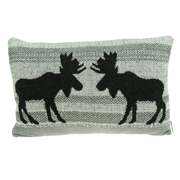 24" Gray and Black Elk Buck Rectangular Lodge Style Knitted Throw Pillow