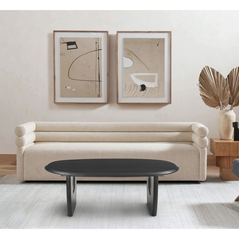 43 Inch Coffee Table, Handcrafted Acacia Wood, Cut Out Rounded Panel Legs, Black - Benzara