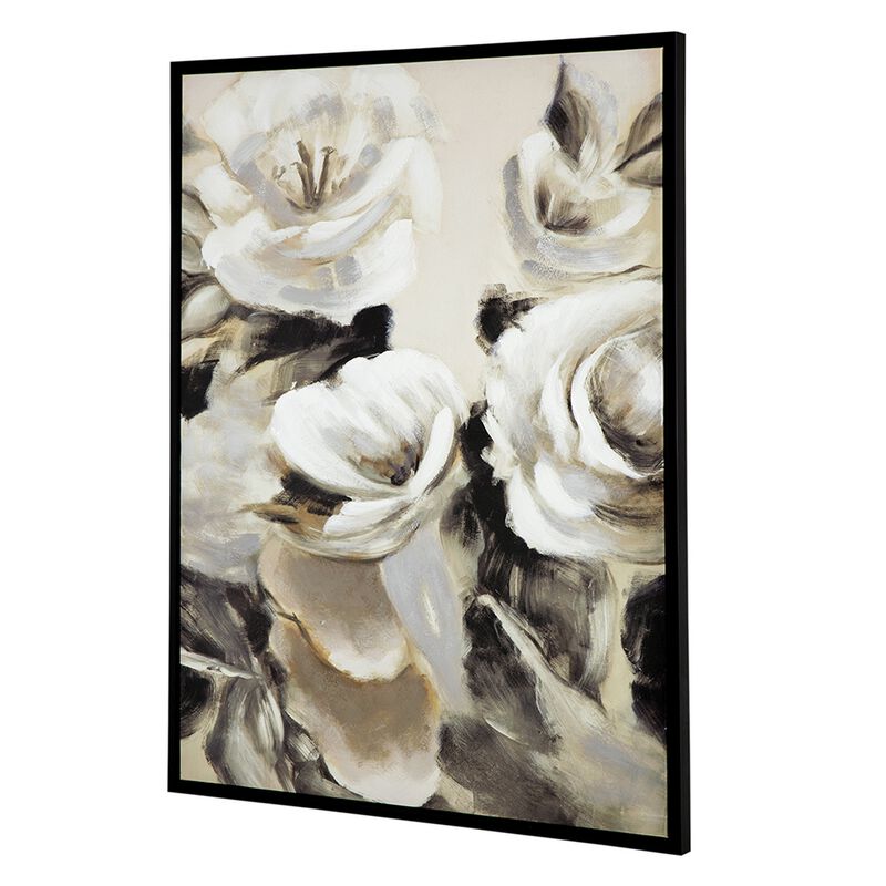 35 x 47 Framed Wall Art, Flower Print, Modern Style, Beige, Black, White - Benzara