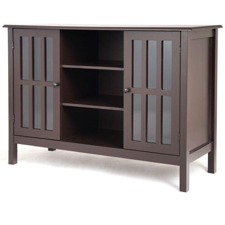 QuikFurn Brown Wood Sofa Tale Console Cabinet with Tempered Glass Panel Doors