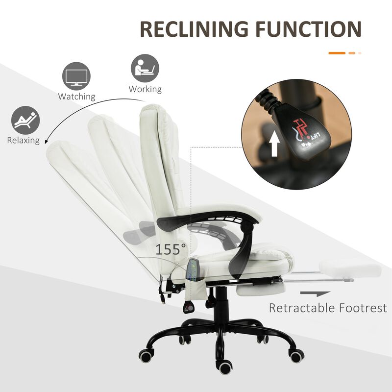 White High Back Executive Office Chair: Comfortable 7-Point Vibrating Massage Recliner with Lumbar Support, Footrest, and Adjustable Height