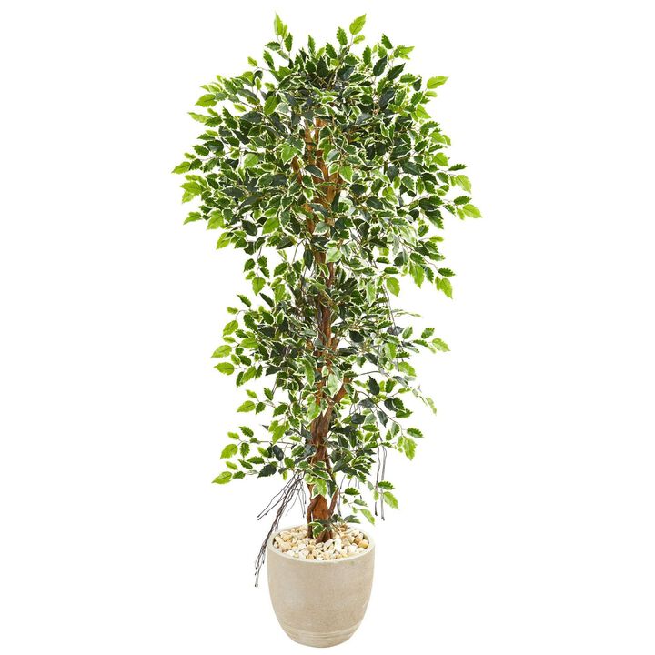 Nearly Natural 63-in Elegant Ficus Artificial Tree in Sandstone Planter