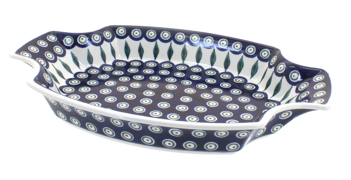 Blue Rose Polish Pottery Flowering Peacock Large Serving  Tray