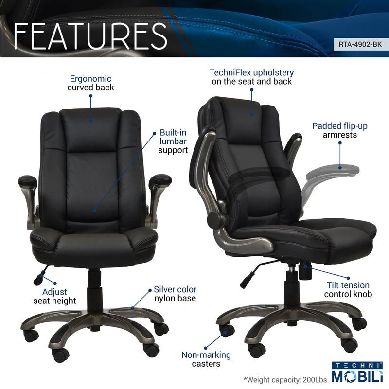 Techni Mobili Medium Back Executive Office Chair with Flip-up Arms. Color: Black