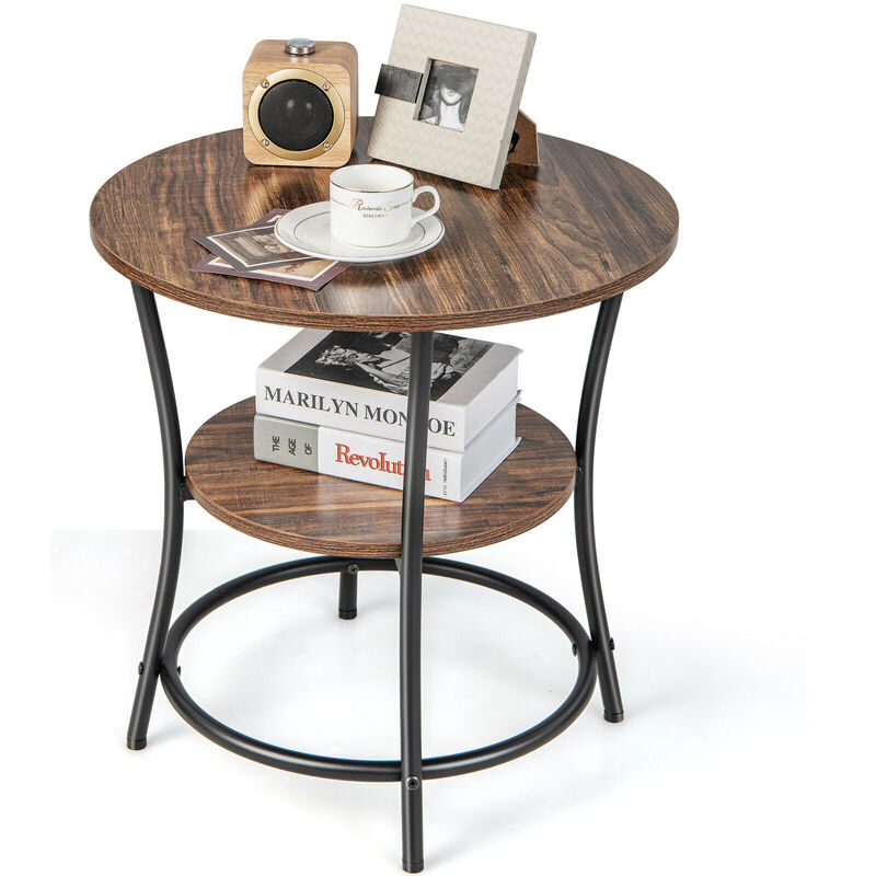 2-Tier Round End Table with Open Storage Shelf and Sturdy Metal Frame