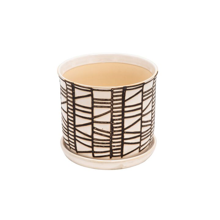 Planter with Saucer and Abstract Design, Set of 2, White and Brown-Benzara