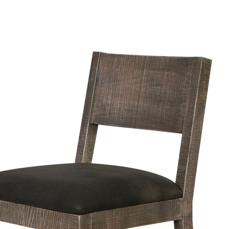 Piel 21 Inch Dining Chair Set of 2, Brown Pine Wood, Black Faux Leather - Benzara