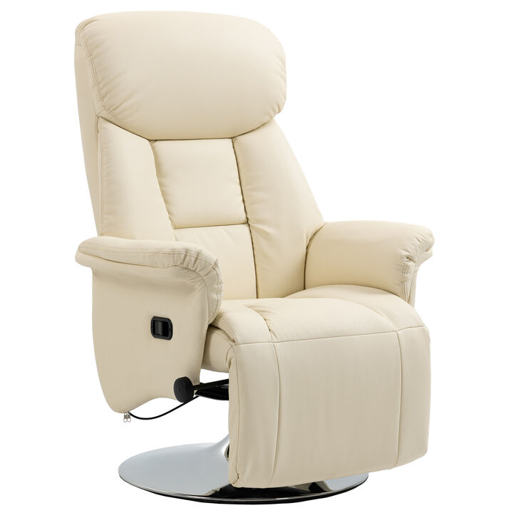 HOMCOM Manual Recliner Chair for Adults, Adjustable Swivel Recliner with Footrest, Padded Arms, PU Leather Upholstery and Steel Base for Living Room, Cream White