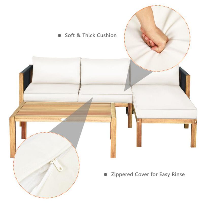 Hivvago 3 Pieces Patio Acacia Wood Sofa Furniture Set with Nylon Rope Armrest