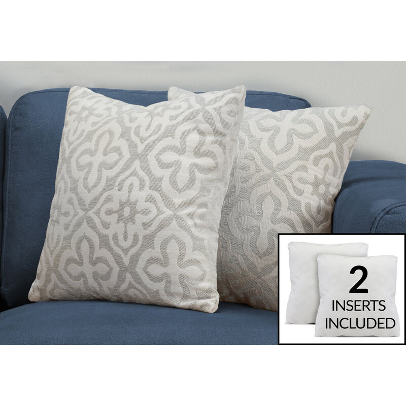 Monarch Specialties I 9215 Pillows, Set Of 2, 18 X 18 Square, Insert Included, Decorative Throw, Accent, Sofa, Couch, Bedroom, Polyester, Hypoallergenic, Grey, Modern