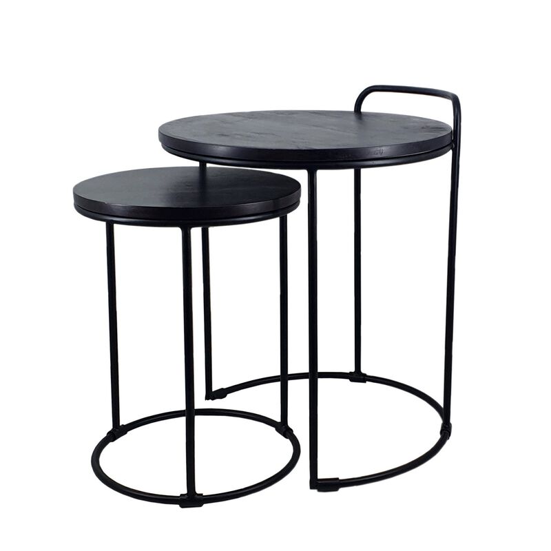 18, 22 Inch Round Nesting End Tables Set of 2, Mango Wood, Set of 2, Black-Benzara