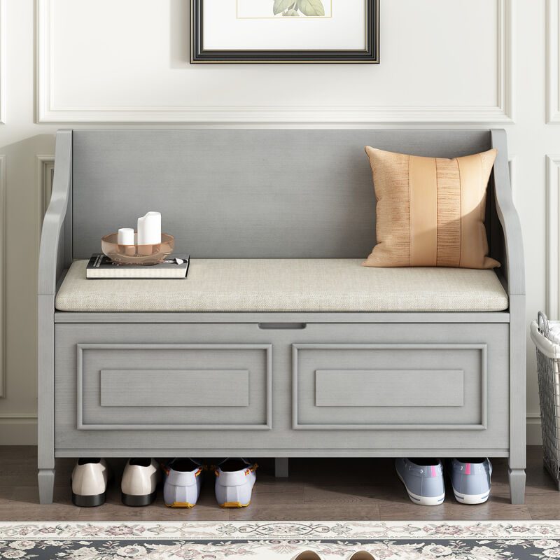 Rustic Style Solid Wood Entryway Multifunctional Storage Bench With Safety Hinge (Gray Wash+ Beige)