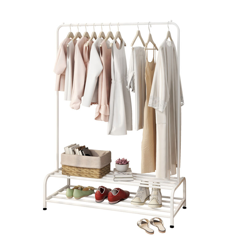 Clothing Garment Rack with Shelves, Metal Cloth Hanger Rack Stand Clothes Drying Rack for Hanging Clothes, with Top Rod Organizer Shirt Towel Rack and Lower Storage Shelf for Boxes Shoes Boots, White