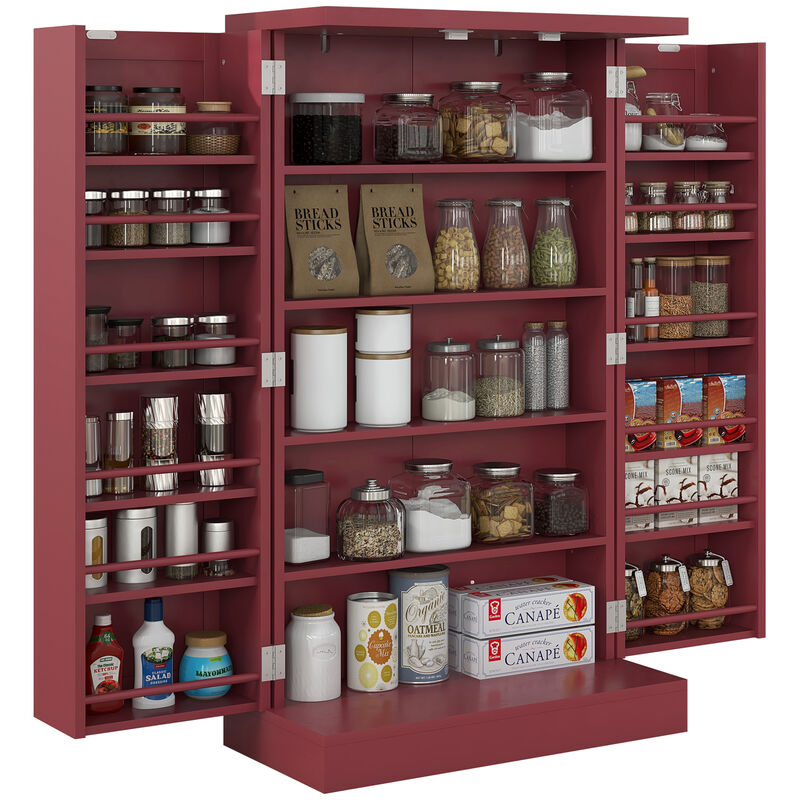 HOMCOM 41" Kitchen Pantry with 12 Spice Racks and Adjustable Shelves Red