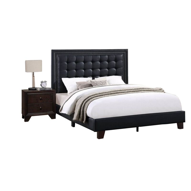 Vea Modern Platform Queen Bed, Deep Tufted Upholstery, Black Faux Leather - Benzara