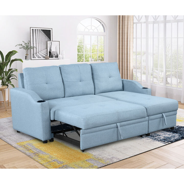 80.3" Pull Out Sofa Bed Modern Padded Upholstered Sofa Bed, Linen Fabric 3 Seater Couch with Storage Chaise and Cup Holder, Small Couch for Small Spaces