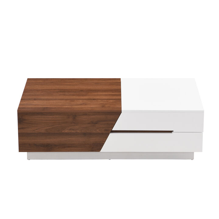 Modern Extendable Sliding Top Coffee Table With Storage In White & Walnut