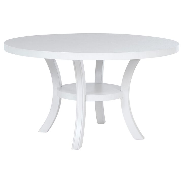Judy Round Dining Table with Shelf and Flared Legs, White Wood 54 Inch - Benzara