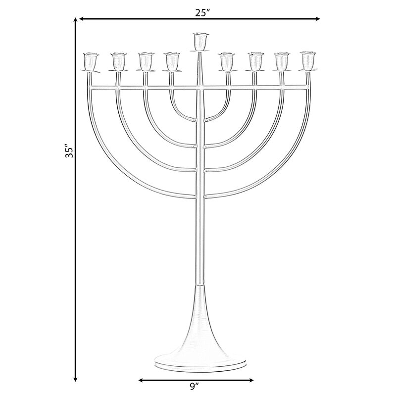 Modern Solid Metal Judaica Hanukkah Menorah 9 Branched Candelabra, Aluminum Finish Medium