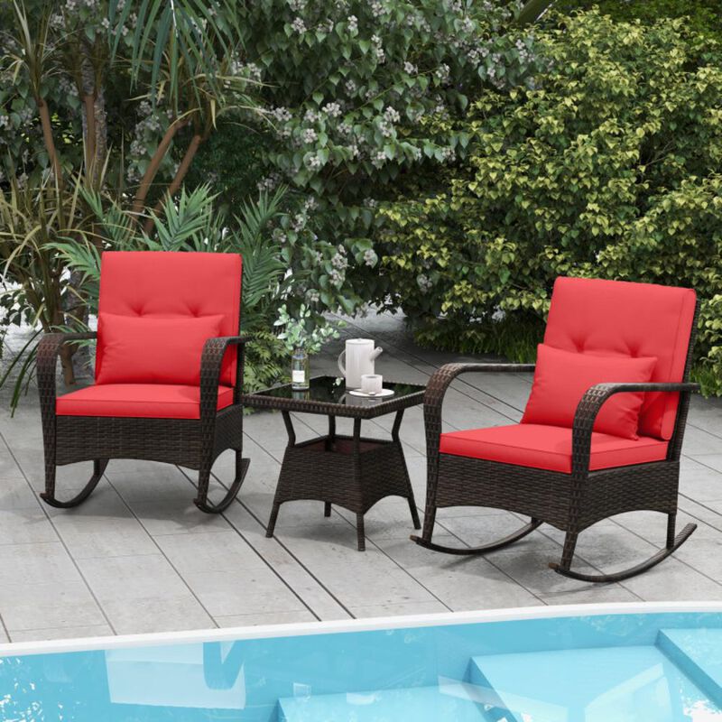 Hivvago 3 Pieces Outdoor Rocking Set with Tempered Glass Coffee Table for Backyard Poolside